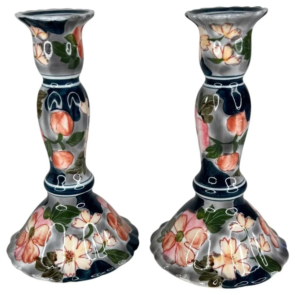 2‎ Andrea By Sadek Blue Floral Ceramic Candlestick Holders Hand Painted Set Pair